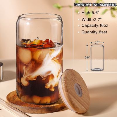 बांस ढक्कन और पुआल के साथ उच्च बोरोसिलिकेट ग्लास मेसन जार 16oz स्पष्ट ग्लास कप