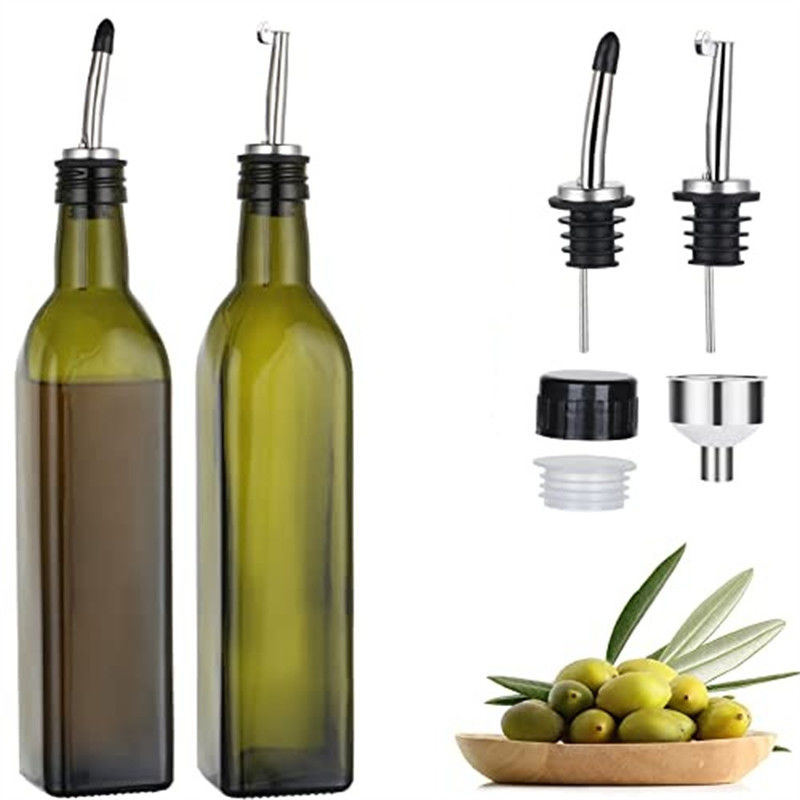 ग्लास गहरे हरे रंग की रसोई तेल की बोतल स्टेनलेस स्टील स्पॉट फनल वर्ग 500ml 2pcs के साथ